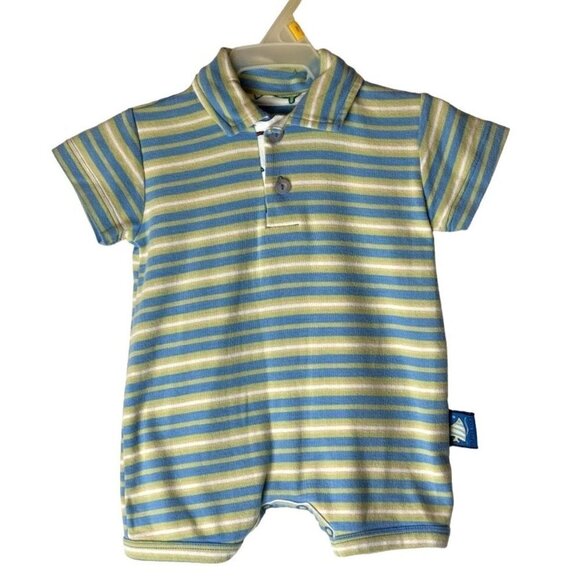 Pepper Toes Layette Blue And‎ Green Striped Collared Polo Short Romper Size 3M - Picture 1 of 10